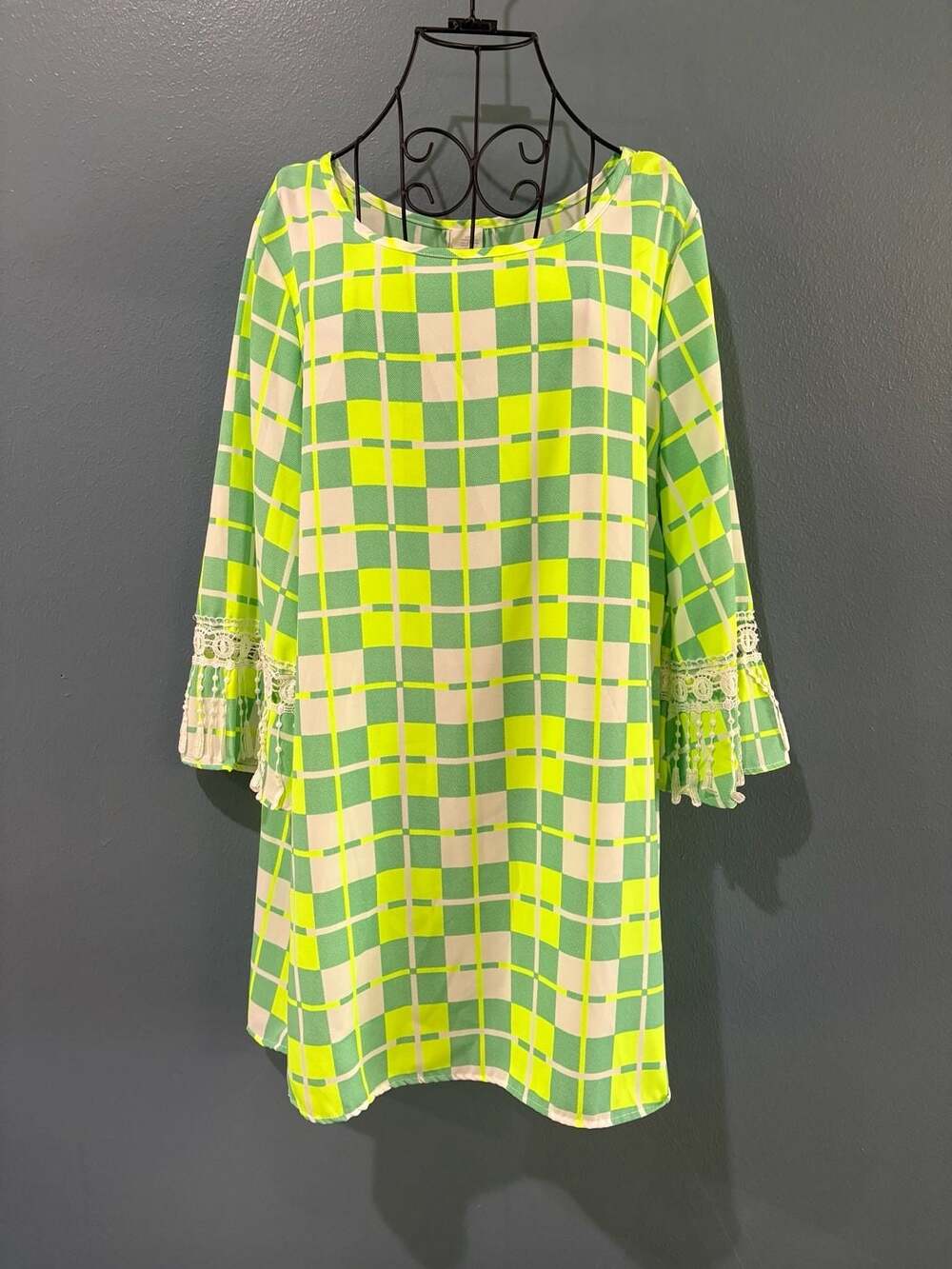 SI Style Dress Size L Green Yellow Plaid Check Lace Fringe Tassel